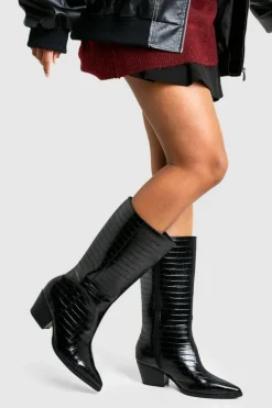 Heels|Calf High Boots*boohoo Wide Fit Croc Low Block Calf High Western Boots black