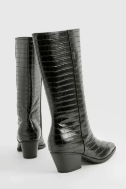 Heels|Calf High Boots*boohoo Wide Fit Croc Low Block Calf High Western Boots black