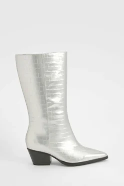 Heels|Calf High Boots*boohoo Wide Fit Croc Low Block Calf High Western Boots silver