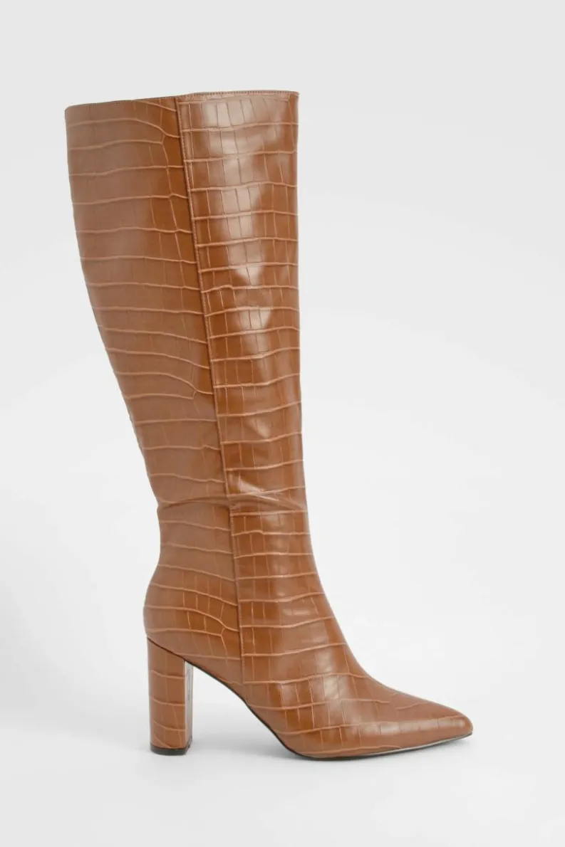 Over The Knee Boots|Heeled Boots*boohoo Wide Fit Croc Pointed Knee High Heeled Boots camel