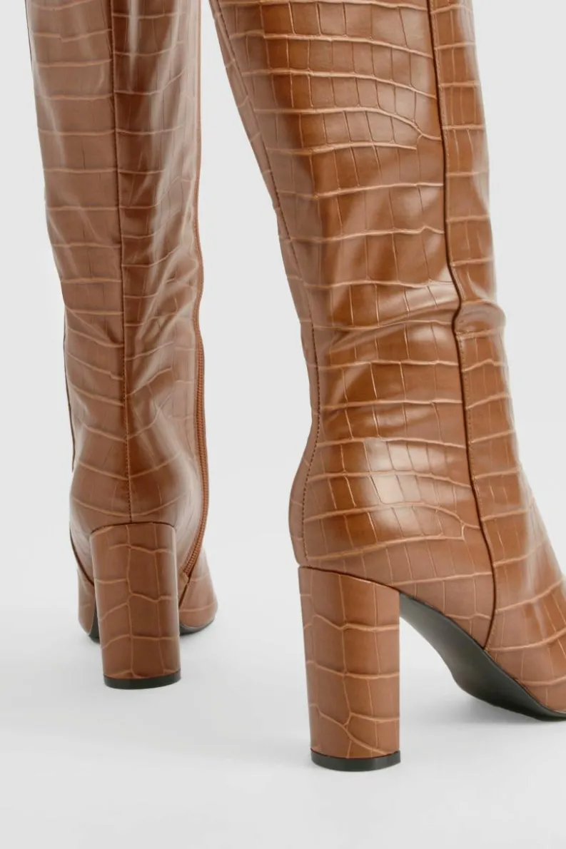 Over The Knee Boots|Heeled Boots*boohoo Wide Fit Croc Pointed Knee High Heeled Boots camel