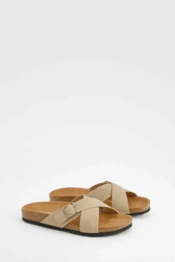 Sandals*boohoo Wide Fit Cross Over Buckle Footbed Sliders taupe