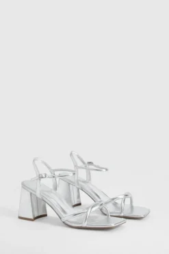 Heels*boohoo Wide Fit Cross Strap Mid Block Heel Sandals silver
