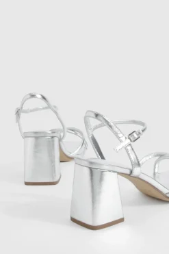 Heels*boohoo Wide Fit Cross Strap Mid Block Heel Sandals silver