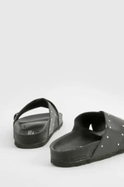 Sandals*boohoo Wide Fit Cross Strap Studded Footbed Sliders black