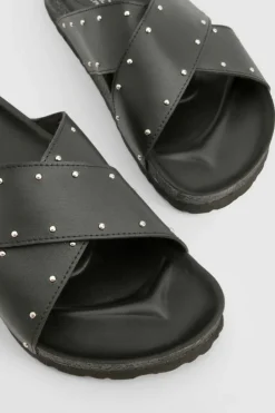 Sandals*boohoo Wide Fit Cross Strap Studded Footbed Sliders black