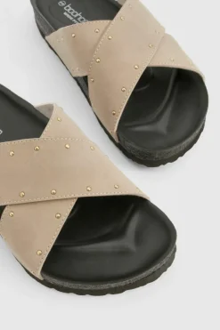 Sandals*boohoo Wide Fit Cross Strap Studded Footbed Sliders taupe