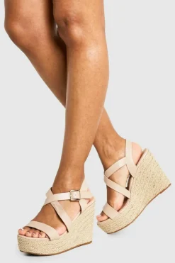 Wedges|Heels*boohoo Wide Fit Cross Strap Wedge Heels nude