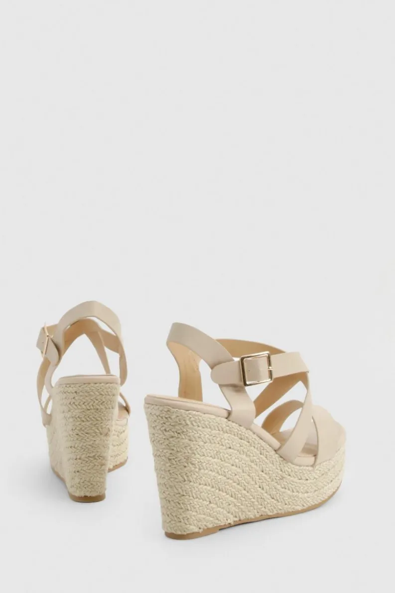 Wedges|Heels*boohoo Wide Fit Cross Strap Wedge Heels nude