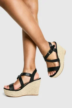 Wedges|Sandals*boohoo Wide Fit Crossover Buckle Wedge black
