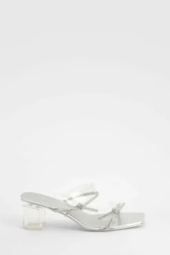 Heels*boohoo Wide Fit Diamante Bow Low Block Heels silver