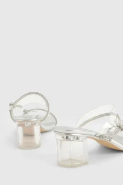 Heels*boohoo Wide Fit Diamante Bow Low Block Heels silver