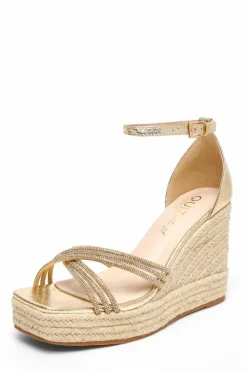 Sandals*Quiz Wide Fit Diamante Cross Strap High Woven Wedges Gold