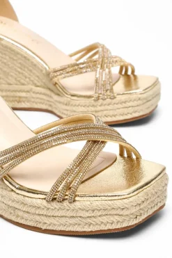 Sandals*Quiz Wide Fit Diamante Cross Strap High Woven Wedges Gold