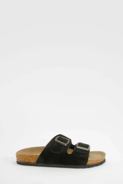 Sandals*boohoo Wide Fit Double Buckle Footbed Slider black