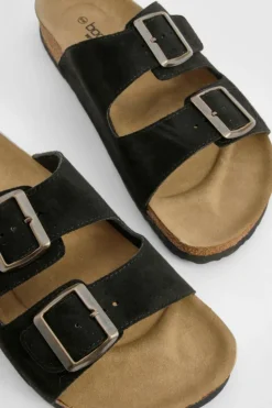 Sandals*boohoo Wide Fit Double Buckle Footbed Slider black