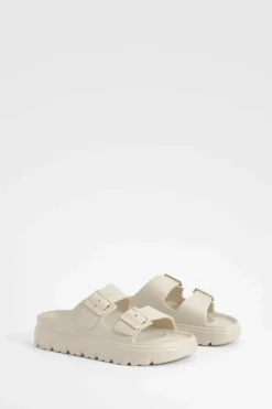 Sandals*boohoo Wide Fit Double Strap Buckle Sliders beige