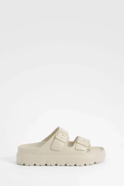 Sandals*boohoo Wide Fit Double Strap Buckle Sliders beige