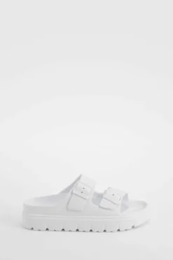 Sandals*boohoo Wide Fit Double Strap Buckle Sliders white
