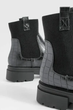 Chunky Boots|All Boots*boohoo Wide Fit Double Tab Croc Chunky Chelsea Boots black