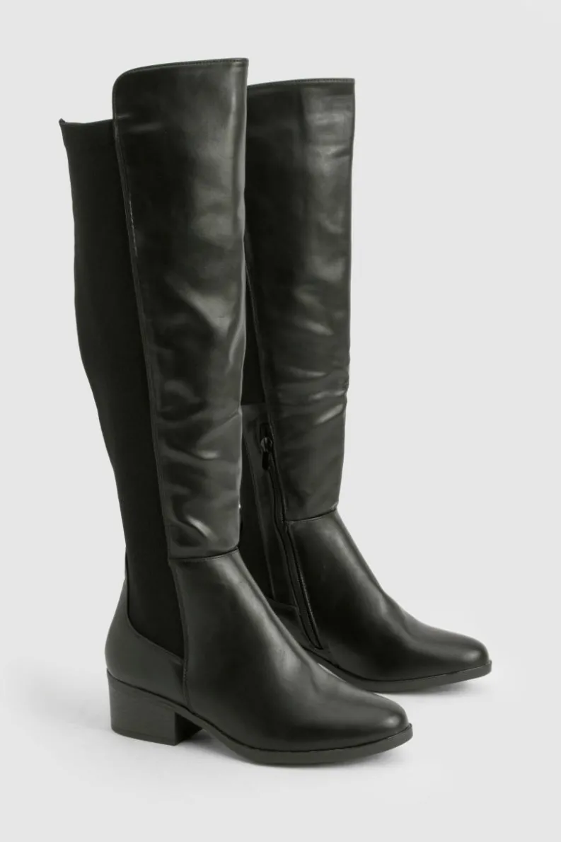 Over The Knee Boots|All Boots*boohoo Wide Fit Elastic Panel Detail Knee High Boots black
