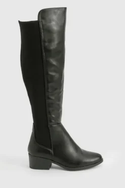 Over The Knee Boots|All Boots*boohoo Wide Fit Elastic Panel Detail Knee High Boots black