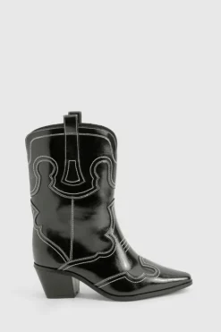 All Boots|Boots*boohoo Wide Fit Embroidery Stitch Detail Western Boots black