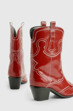 Cowboy Boots|All Boots*boohoo Wide Fit Embroidery Stitch Detail Western Boots red
