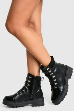 Biker Boots*boohoo Wide Fit Eyelet Detail Hiker Boot black