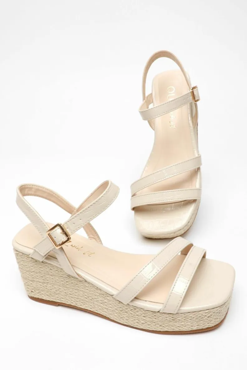 Sandals*Quiz Wide Fit Faux Leather Croc Wedges Nude