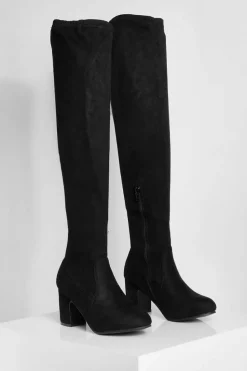 Heels|Over The Knee Boots*boohoo Wide Fit Faux Suede Block Heel Stretch Over The Knee Boots black