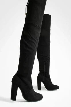 Heels|Over The Knee Boots*boohoo Wide Fit Faux Suede Block Heel Thigh High Boots black