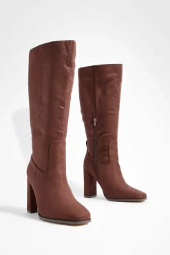 Heels|Over The Knee Boots*boohoo Wide Fit Faux Suede Block Heel Knee High Boots chocolate