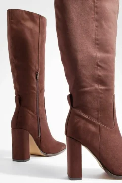 Heels|Over The Knee Boots*boohoo Wide Fit Faux Suede Block Heel Knee High Boots chocolate