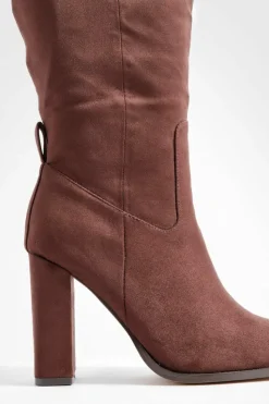 Heels|Over The Knee Boots*boohoo Wide Fit Faux Suede Block Heel Knee High Boots chocolate