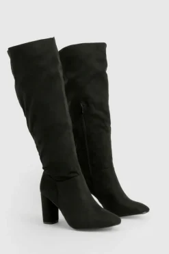 Heels|Over The Knee Boots*boohoo Wide Fit Faux Suede Block Heel Knee High Boots black