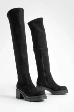 Over The Knee Boots|All Boots*boohoo Wide Fit Faux Suede Cleated Over The Knee Boots black