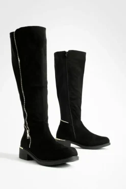 Over The Knee Boots|Knee High Boots*boohoo Wide Fit Faux Suede Knee High Side Zip Boots black
