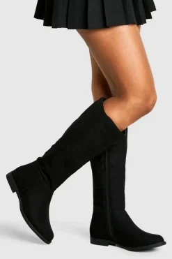 Over The Knee Boots|Knee High Boots*boohoo Wide Fit Faux Suede Knee High Flat Boots black