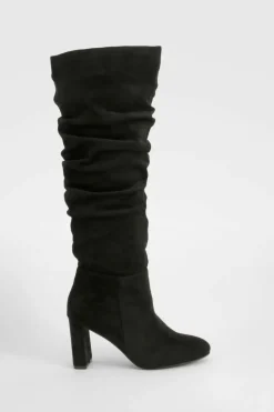 Heels|Over The Knee Boots*boohoo Wide Fit Faux Suede Ruched Detail Block Heel Boots black