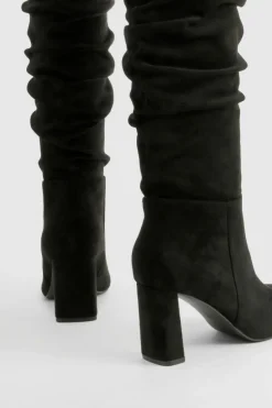 Heels|Over The Knee Boots*boohoo Wide Fit Faux Suede Ruched Detail Block Heel Boots black