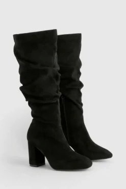 Heels|Over The Knee Boots*boohoo Wide Fit Faux Suede Slouchy Block Heel Boots black