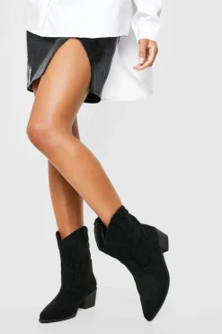 Cowboy Boots|Ankle Boots*boohoo Wide Fit Faux Suede Stitch Detail Ankle Western Cowboy Boots black