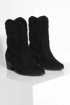 Cowboy Boots|Ankle Boots*boohoo Wide Fit Faux Suede Stitch Detail Ankle Western Cowboy Boots black
