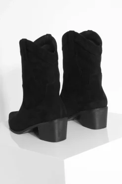 Cowboy Boots|Ankle Boots*boohoo Wide Fit Faux Suede Stitch Detail Ankle Western Cowboy Boots black