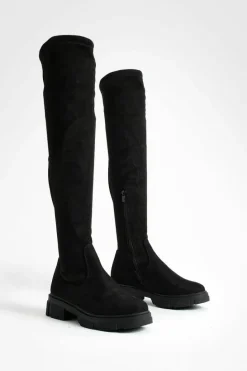 Over The Knee Boots|Knee High Boots*boohoo Wide Fit Faux Suede Stretch Knee High Boots black