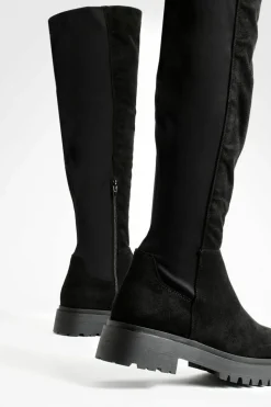 Over The Knee Boots|All Boots*boohoo Wide Fit Faux Suede Stretch Panel Over The Knee Boots black