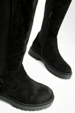 Over The Knee Boots|All Boots*boohoo Wide Fit Faux Suede Stretch Panel Over The Knee Boots black