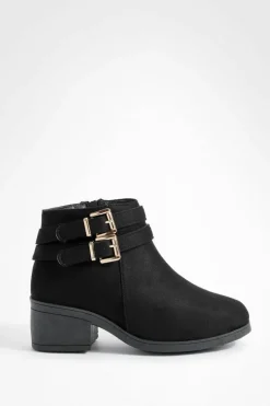 Heels|Heeled Boots*boohoo Wide Fit Faux Suede Two Buckle Block Heel Chelsea Boots black