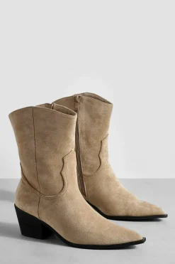 Cowboy Boots|Ankle Boots*boohoo Wide Fit Faux Suede Western Ankle Cowboy Boots beige